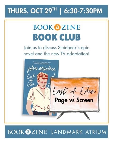 15% off East of Eden book with code BOOKCLUB, online only.