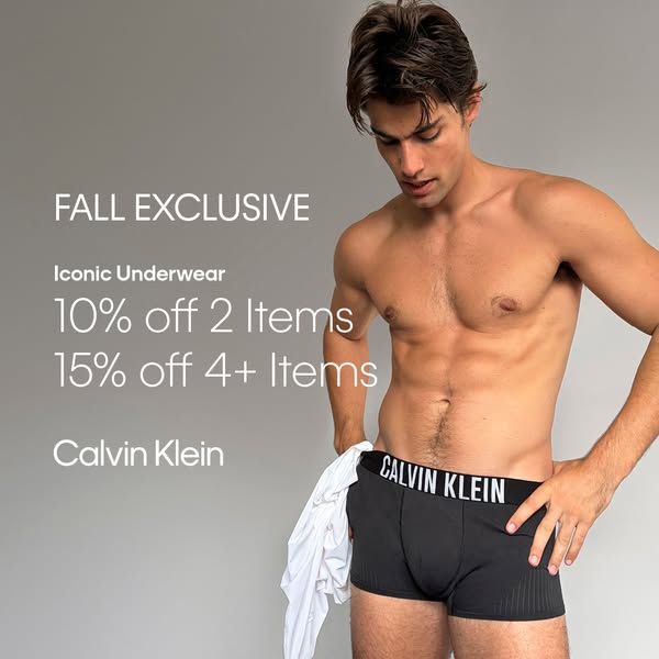 Up to extra 15% off Calvin Klein underwear during Fall Exclusive event.