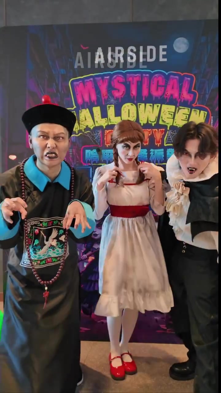 Halloween costume wearers get HK$30 dining voucher and tattoo sticker; candy challenge winners get Mister Donut buy-one-get-one coupon.