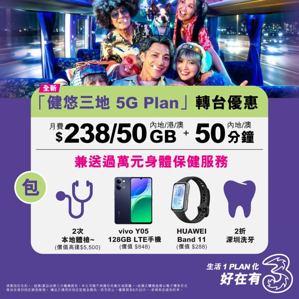 3HK: New 5G plan HK$238/month with gifts worth HK$13,836 including health check…