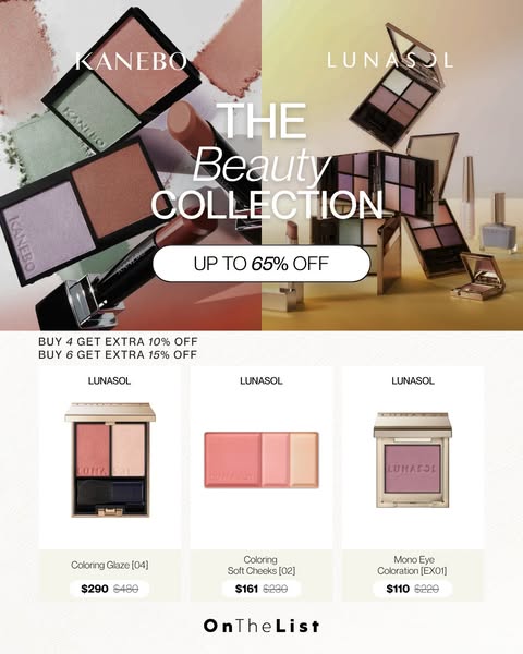 KANEBO & LUNASOL beauty products up to 65% off, extra 10% off 4 items or 15% off 6 items.