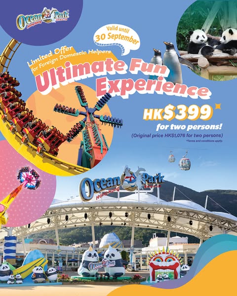HK$399 for two Ocean Park admission tickets (63% off regular price).