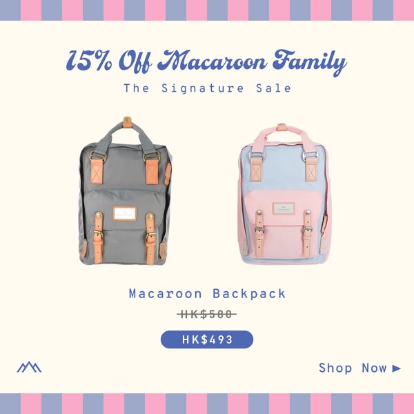 Macaroon family bags at 15% off during limited-time sale, free shipping over HK$400.