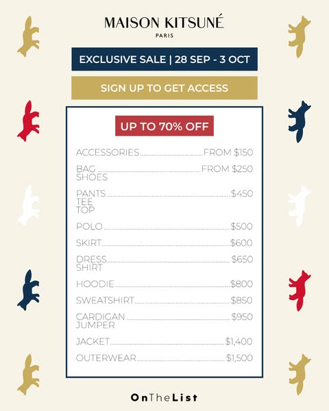 Free member registration for exclusive Maison Kitsuné limited-time sale event with discounted iconic items.