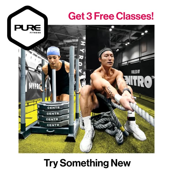PURE Fitness: Get 3 free fitness classes at PURE, usable within 7 days for first-time…
