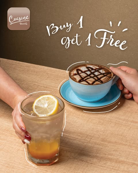 Cuisine Rewards 會員逢星期三於 Délifrance 單點飲品可享買一送一優惠。