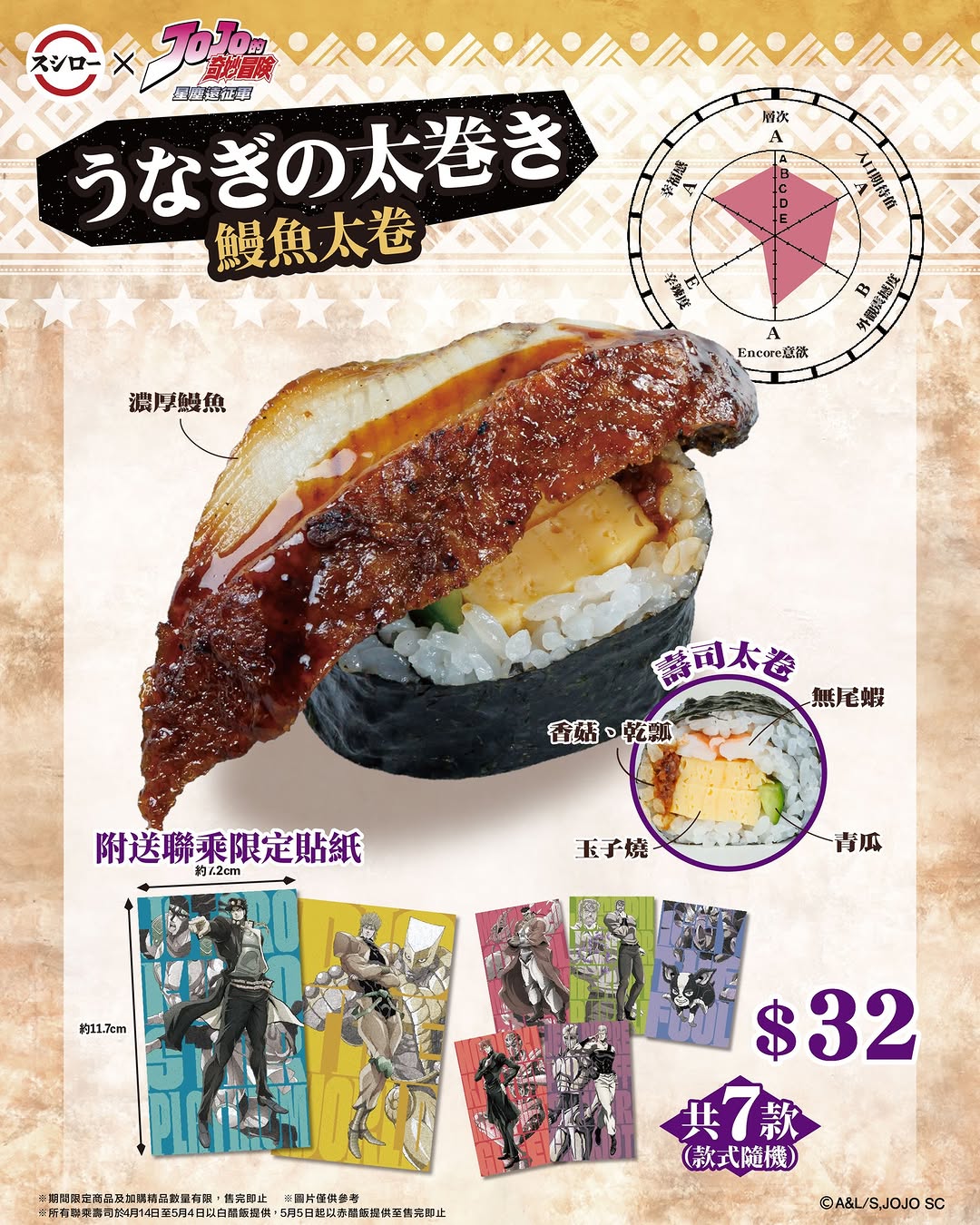 Sushiro: Purchase eel sushi roll ($32) to receive limited-edition JoJo's sticker (7…