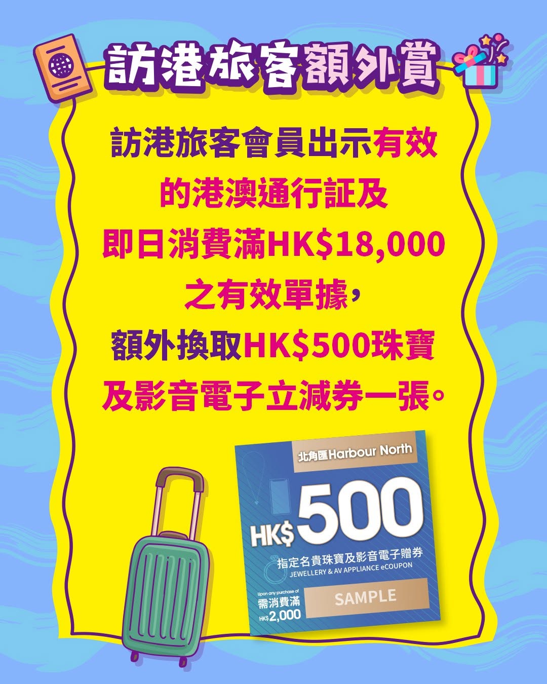 Harbour North 北角匯 — Tiered spending rewards up to HK$1,350 in vouchers. Spend HK$1,000+ for HK$50 vouchers, HK$6,000+ for HK$300, or HK$18,000+ for HK$1,000 across retail, dining, and jewelry.