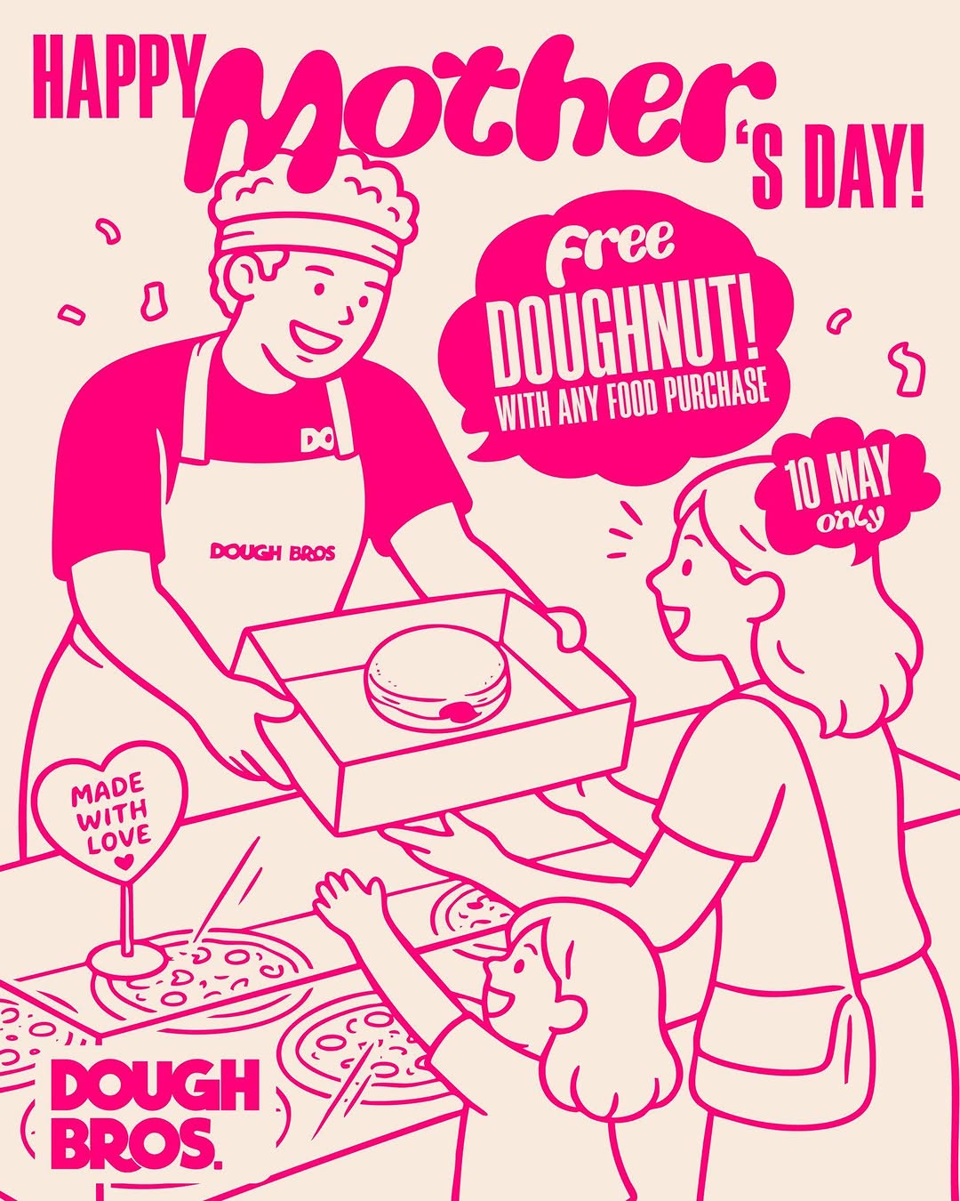 Dough Bros: Get a free doughnut with any food purchase in-store or via pickup on Mother's…