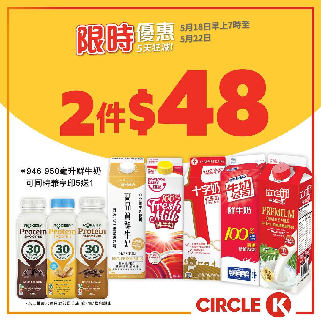 Circle K: Buy 2 protein milk drinks for HK$48 (avg HK$24 each) or 3 soy milk packs for…