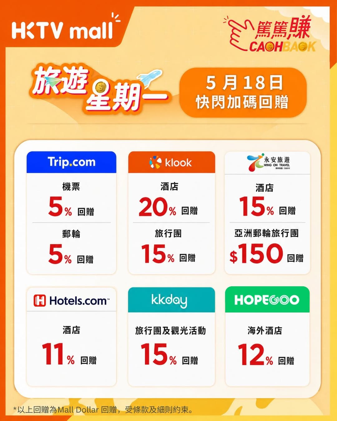 HKTVMall: Travel Monday cashback promotion: earn 5-20% cashback on flights, hotels…