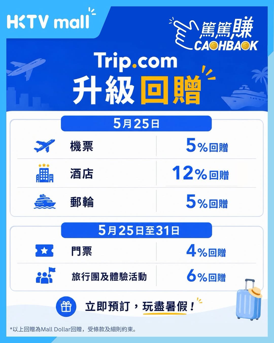 HKTVMall: Earn cashback rewards on Trip.com bookings via HKTVmall from May 25-31: 5-12%…