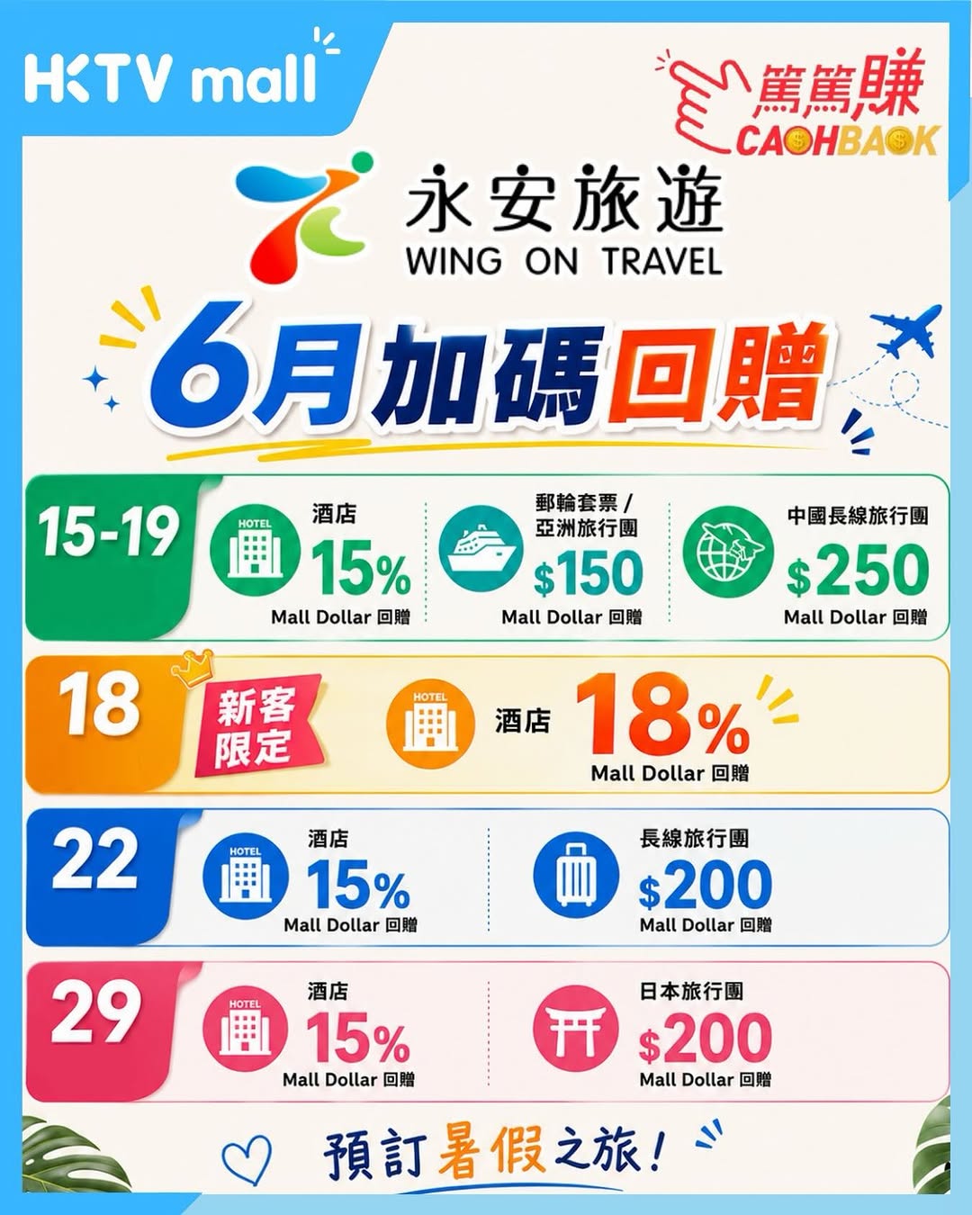 HKTVMall: Earn Mall Dollar cashback on hotels (15-18% rebate) and tour packages ($150-250…