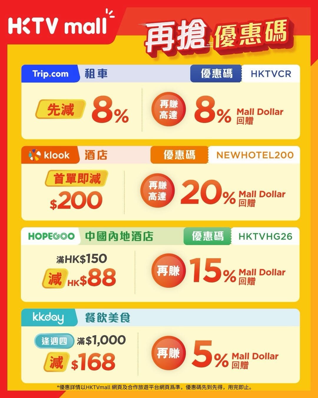 HKTVMall — Earn up to 22% Mall Dollar cashback on travel bookings via Trip.com, Klook, and other platforms during 618 sale week (June 15-21).