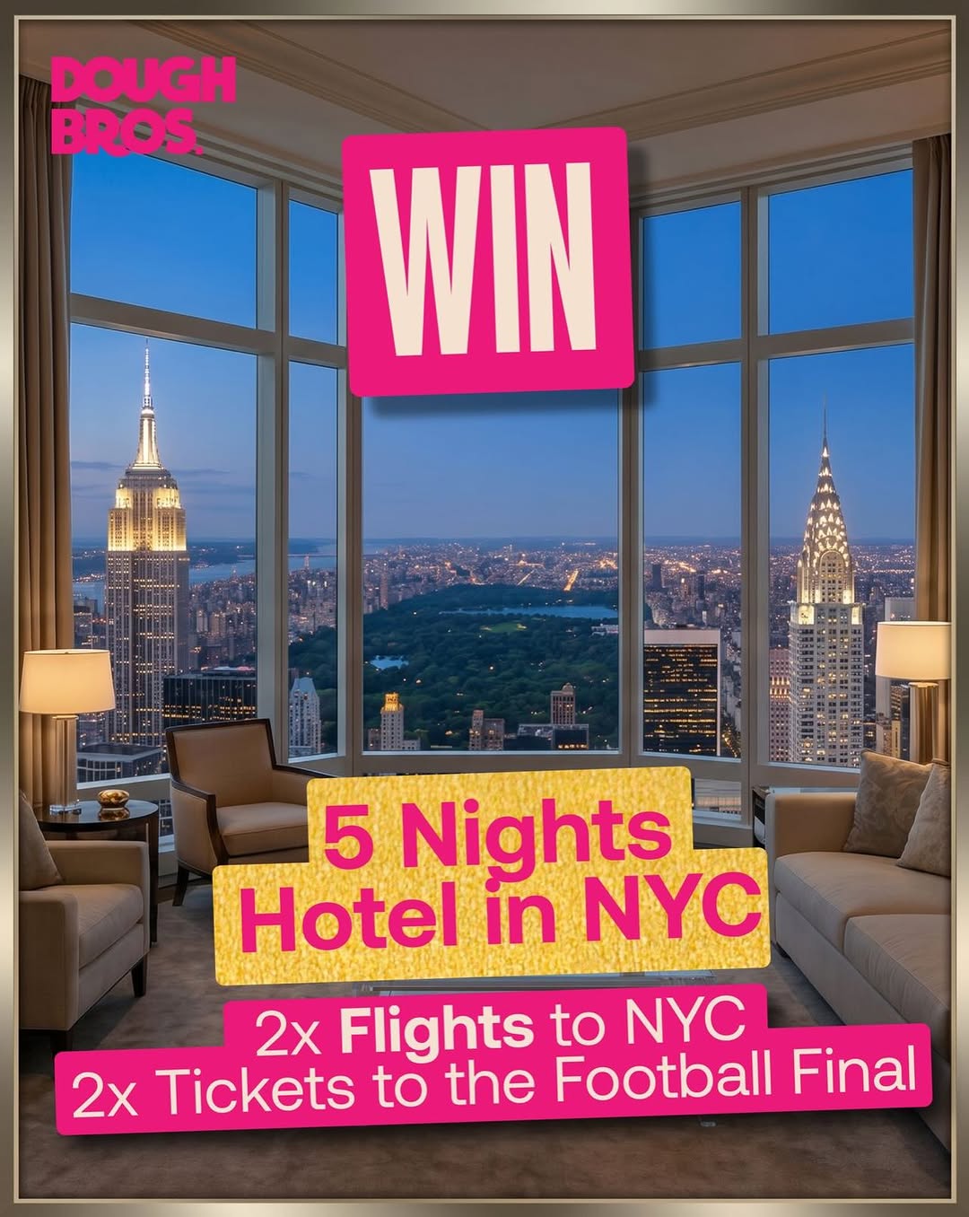 Dough Bros — Order online and post on Instagram story for a chance to win a free trip to New York in July.
