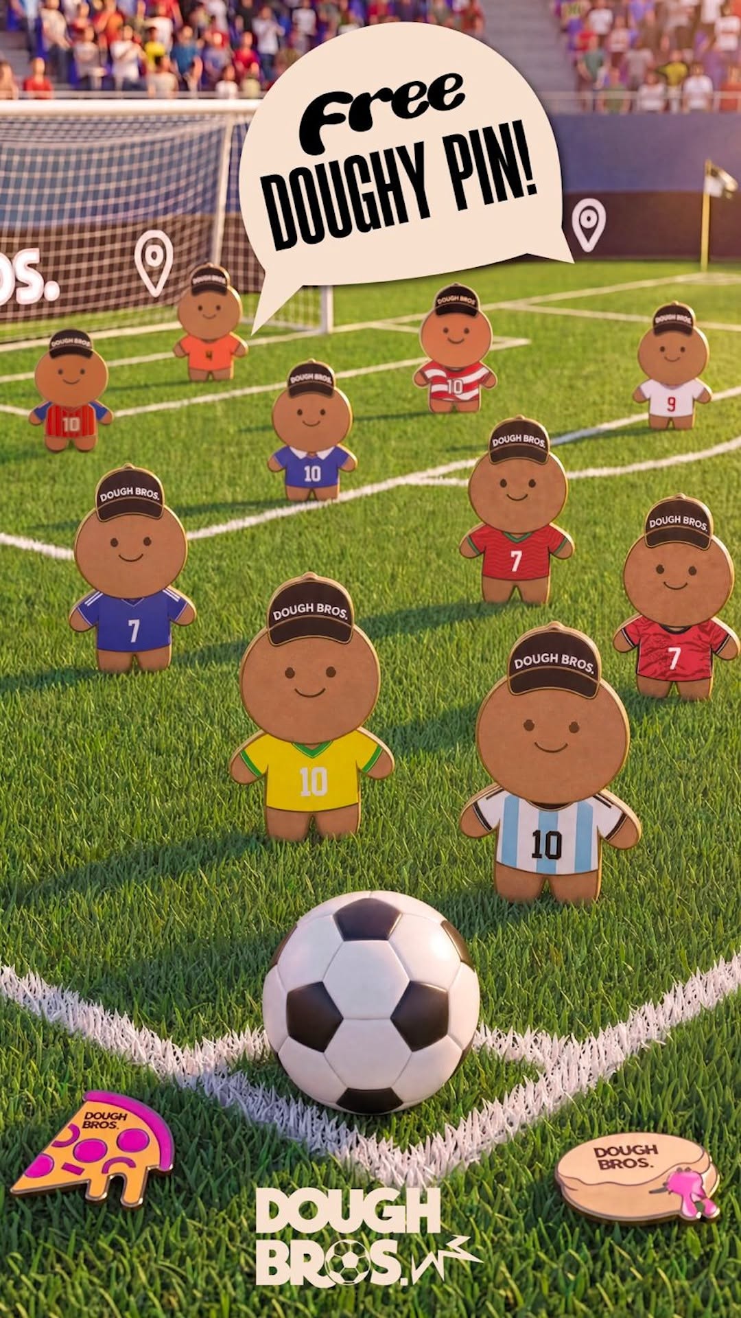 Dough Bros — Get 1 random Doughy football pin with each order. Limited-time collectible series of 12 pins.