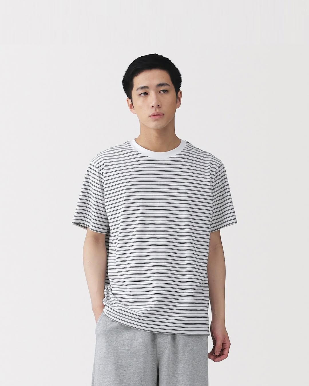 MUJI — Selected cotton blended striped t-shirts and cotton shorts on sale at special prices. Limited stock available.
