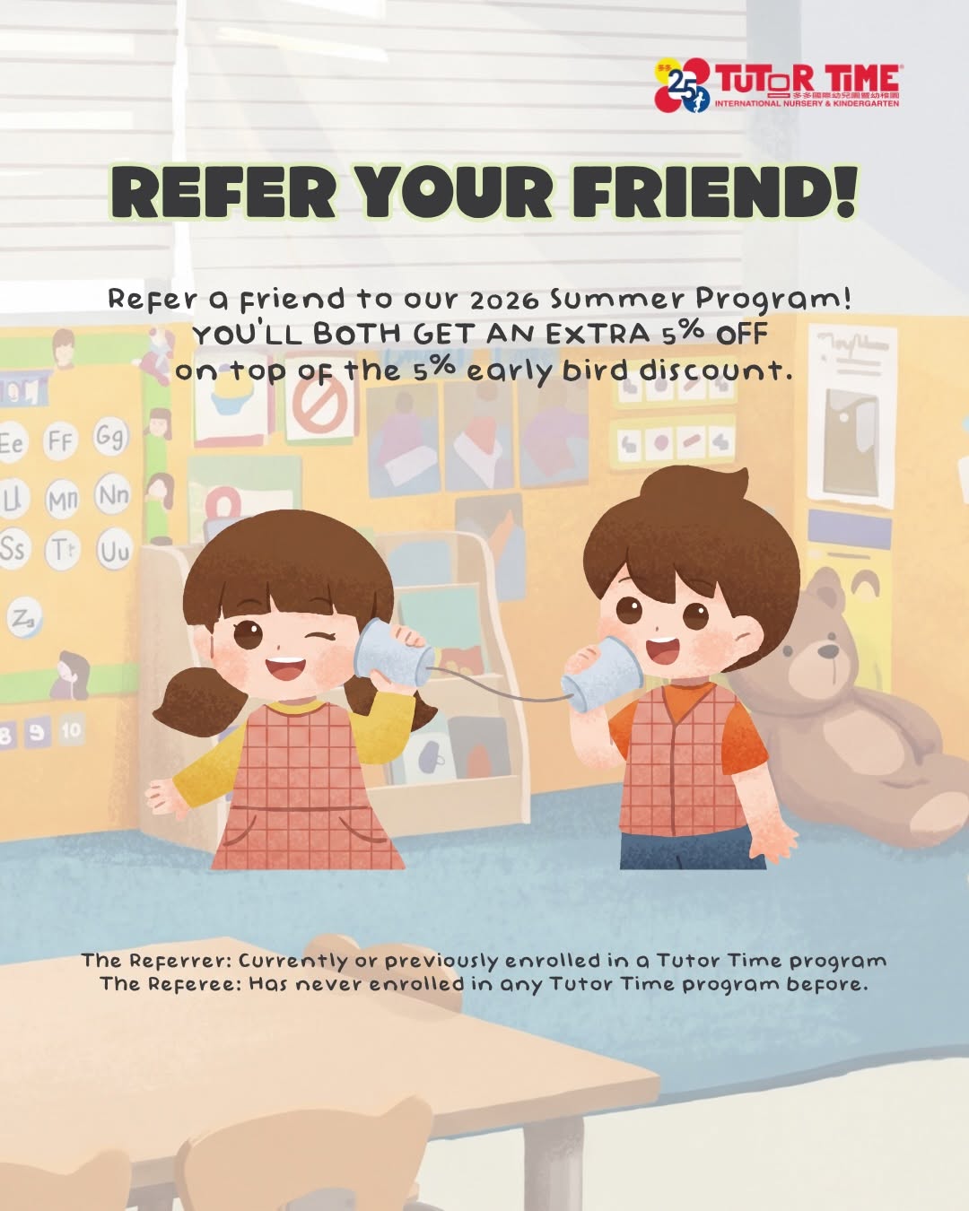 tutor time — 5% off Summer Program (regular offer). Referral program: both families get 15% off when existing families refer new families.