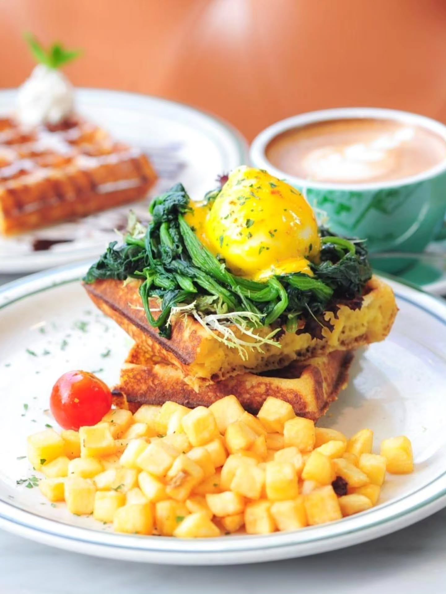 Green Waffle — Lunch Special bundle from HK$98 includes main course, soup/salad, half-waffle, and beverage. Half-price drinks available on select items.