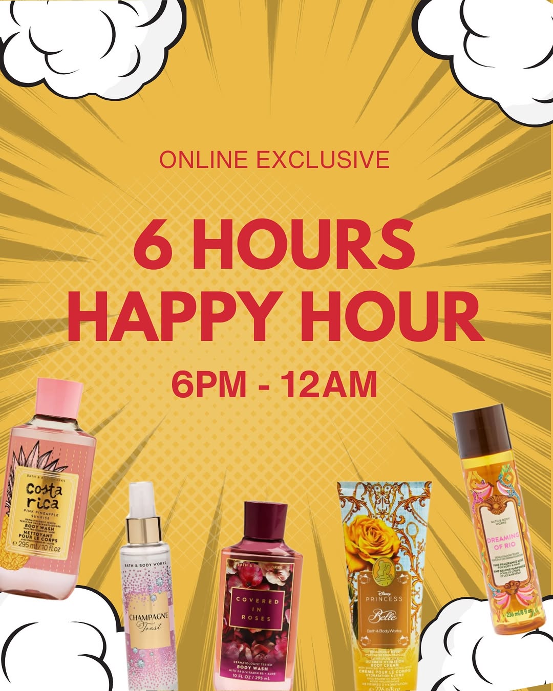 bath & body works: Body care products available for HKD88 during Happy Hour from 6PM to midnight