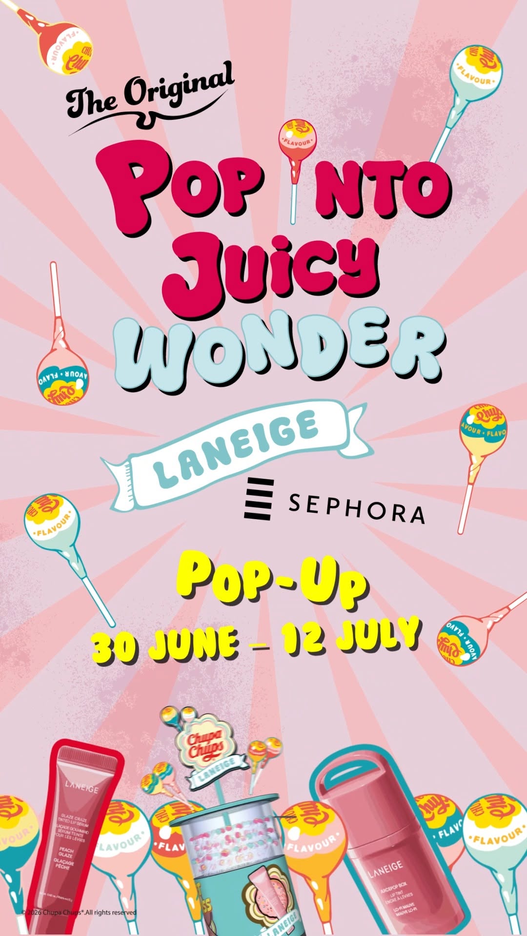 laneige — Free Chupa Chups grab and exclusive limited-edition gifts (keychains, hand towels, tumblers) with Sephora member purchase at pop-up store.