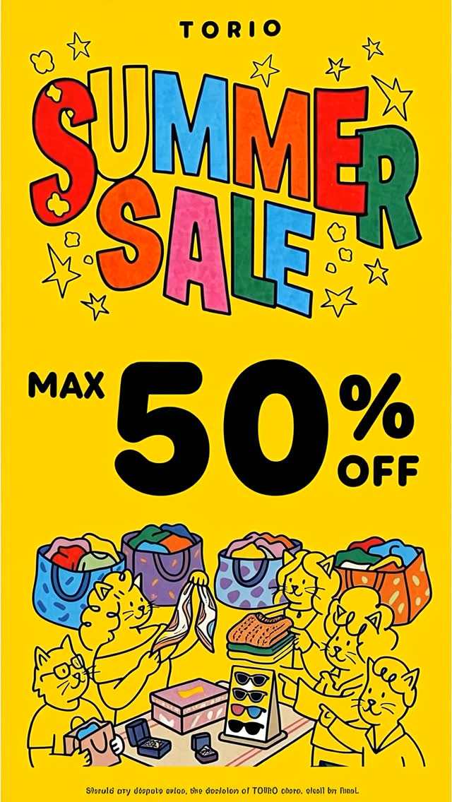 torio store — Summer sale starts July 1st with up to 50% off summer clothing. Extra discounts available when purchasing specified quantities.