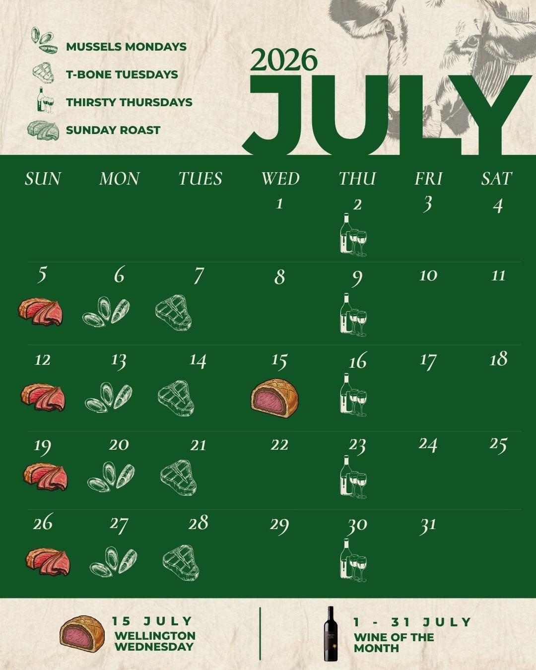 Weekly dining deals including bottomless mussels for HK$298, free corkage + 2-hour free flow for HK$198 on Thursdays, plus new summer drinks and special menu items throughout July.