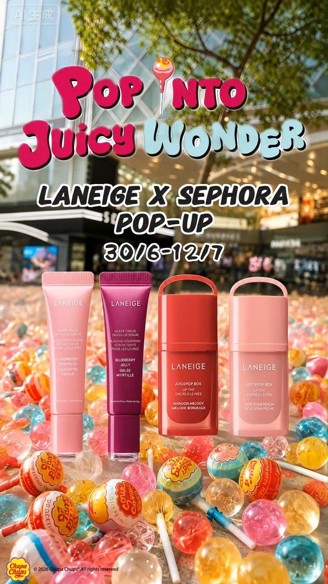 laneige — Free limited-edition gifts with purchase at pop-up store. Sephora members get exclusive Chupa Chups merchandise and DIY activities.