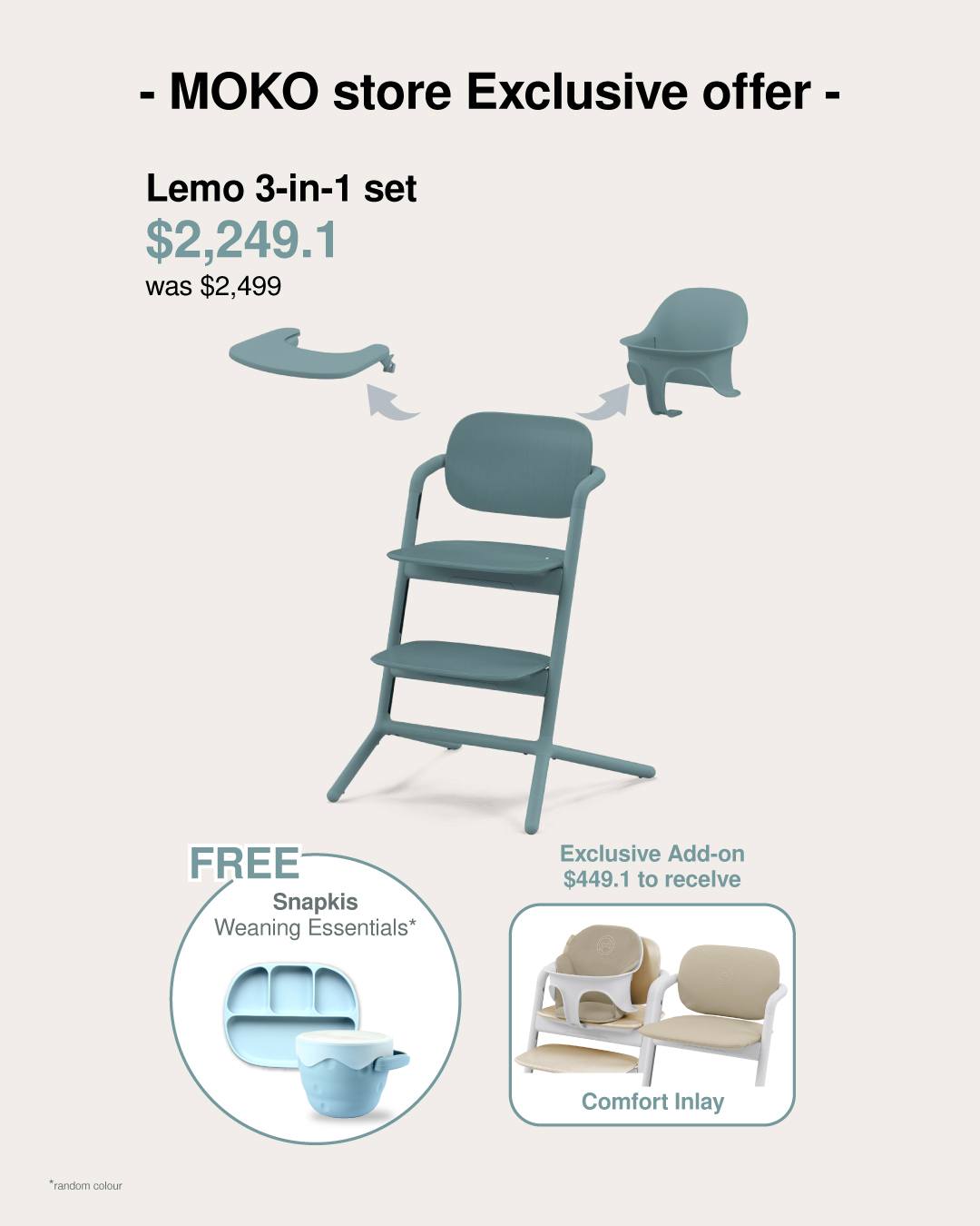Mothercare Hong Kong — Lemo high chair bundles at special prices with free Snapkis accessories. 3-in-1 set HK$2,249 (was HK$2,499), 4-in-1 set HK$3,149 (was HK$3,499), plus add-on comfort inlay for HK$449.