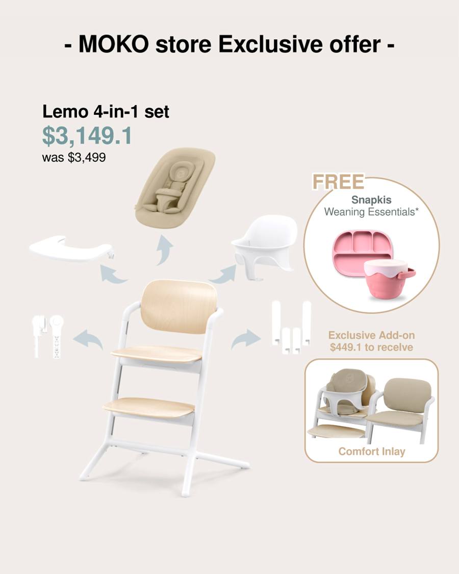 Mothercare Hong Kong — Lemo high chair bundles at special prices with free Snapkis accessories. 3-in-1 set HK$2,249 (was HK$2,499), 4-in-1 set HK$3,149 (was HK$3,499), plus add-on comfort inlay for HK$449.