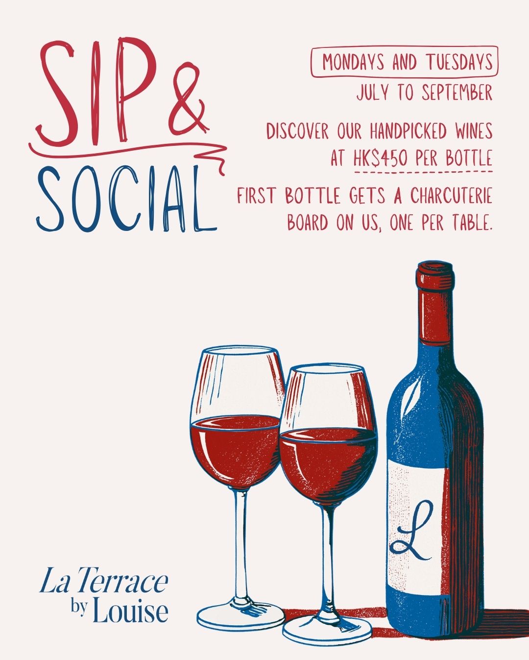 pmq — Buy a bottle of curated wine at HK$450 and receive a complimentary charcuterie board with your first bottle during happy hour.
