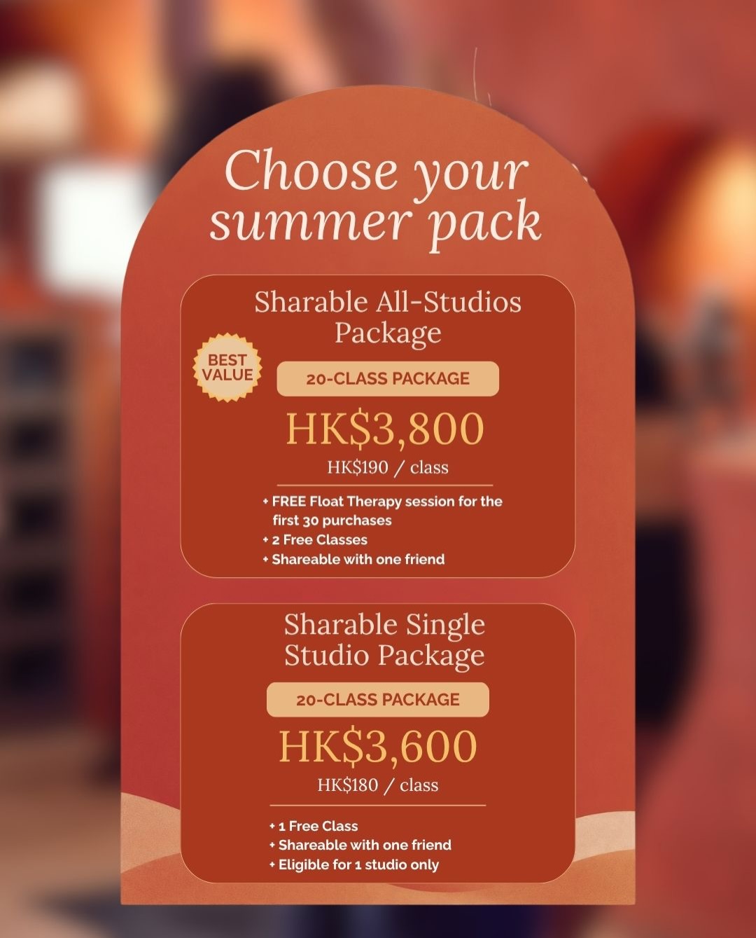 ikigai — Summer package deal with bonus classes and free Float Therapy session (HK$900 value) for first 30 All-Studios purchases.