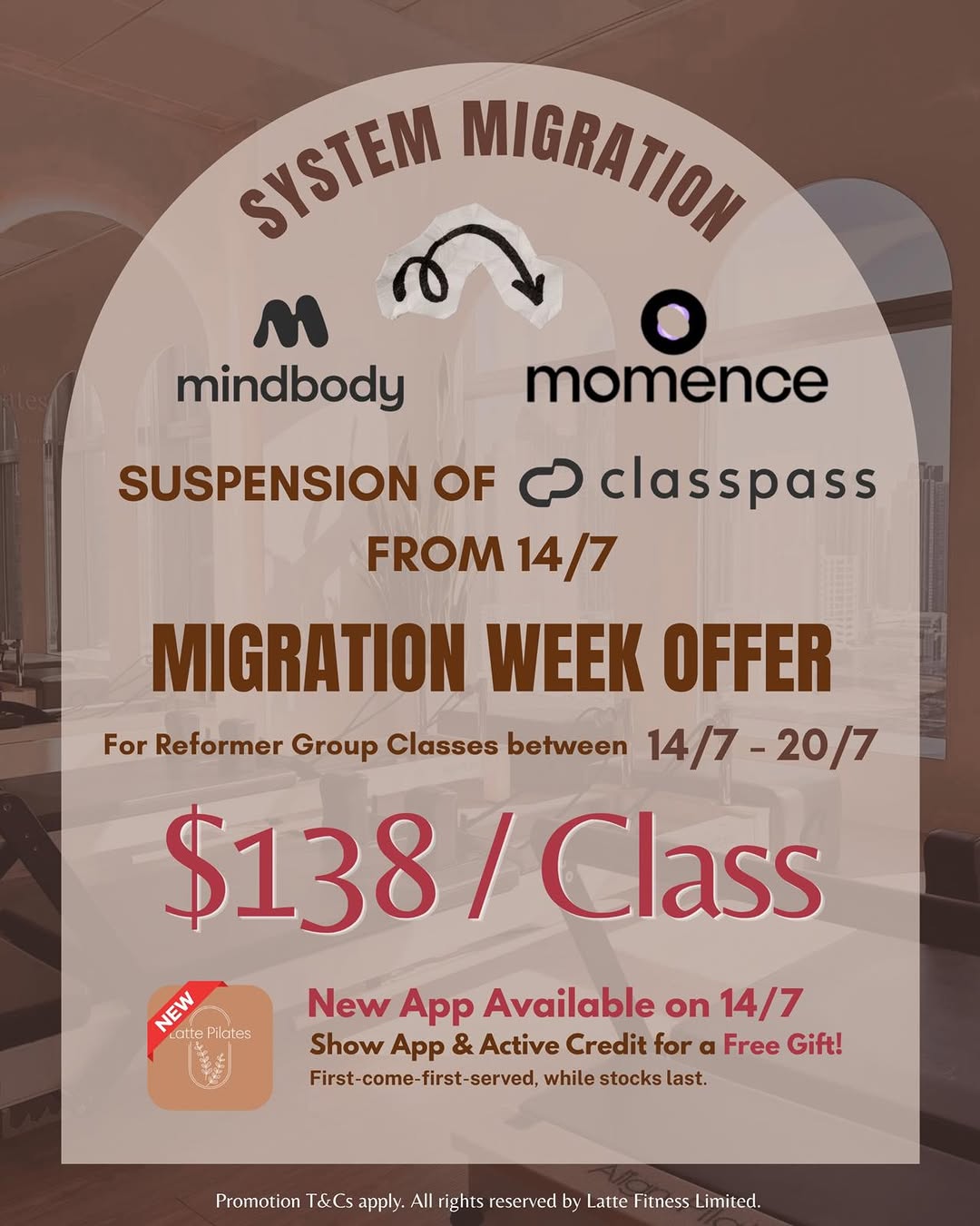 latte pilates: HK$138 per reformer group class during migration week (14-20 July). Exclusive…