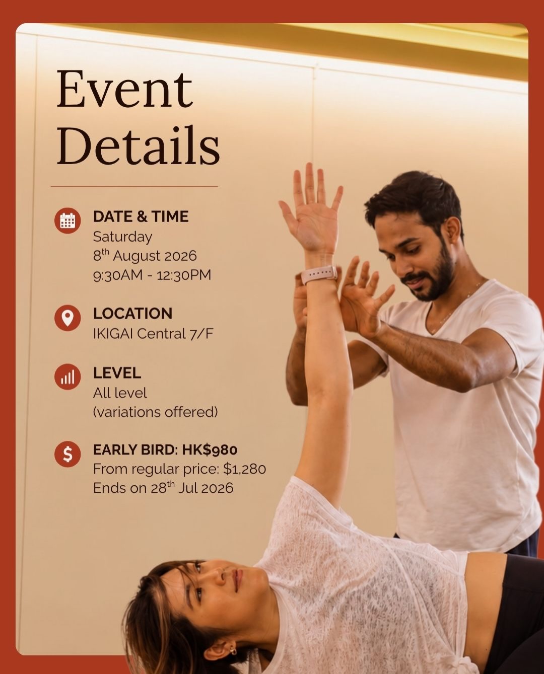 ikigai — Early bird pricing for arm balance workshop: HK$980 instead of HK$1,280 until 28 July.