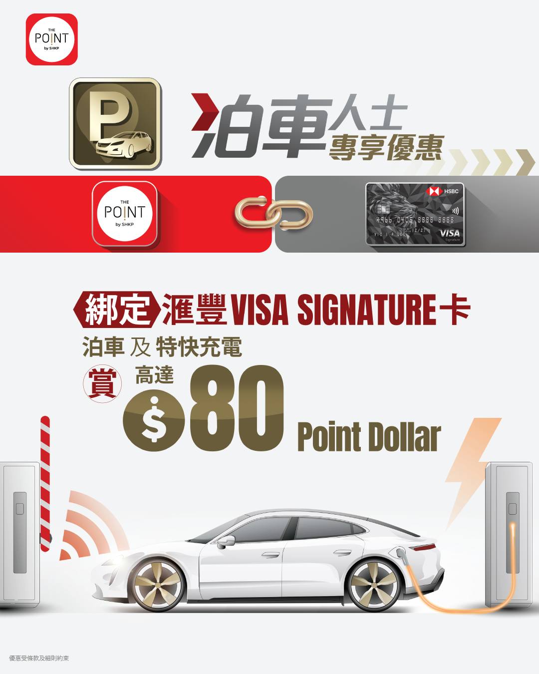 Earn up to $80 Point Dollar by linking HSBC Visa Signature card to The Point App and paying for parking and EV charging at Sino properties.