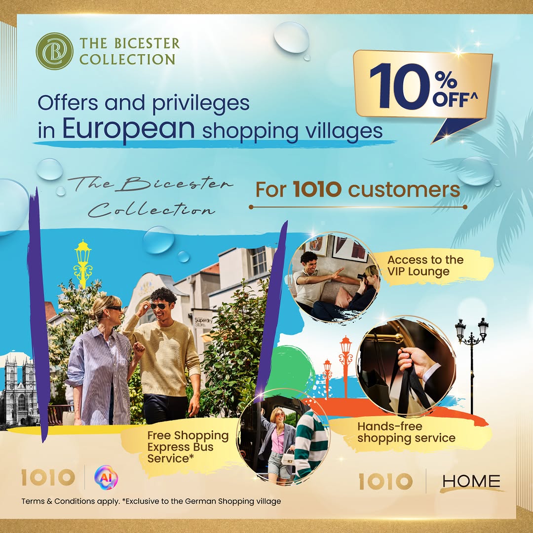 10% off shopping at The Bicester Collection European villages, plus VIP lounge access and free concierge services for 1O1O customers.