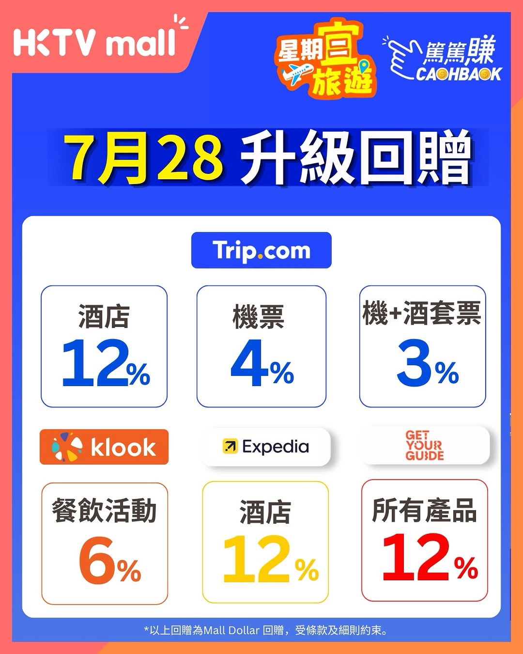 Earn up to 12% Mall Dollar cashback on travel bookings (flights, hotels, activities) on July 28 only via HKTVmall partners.