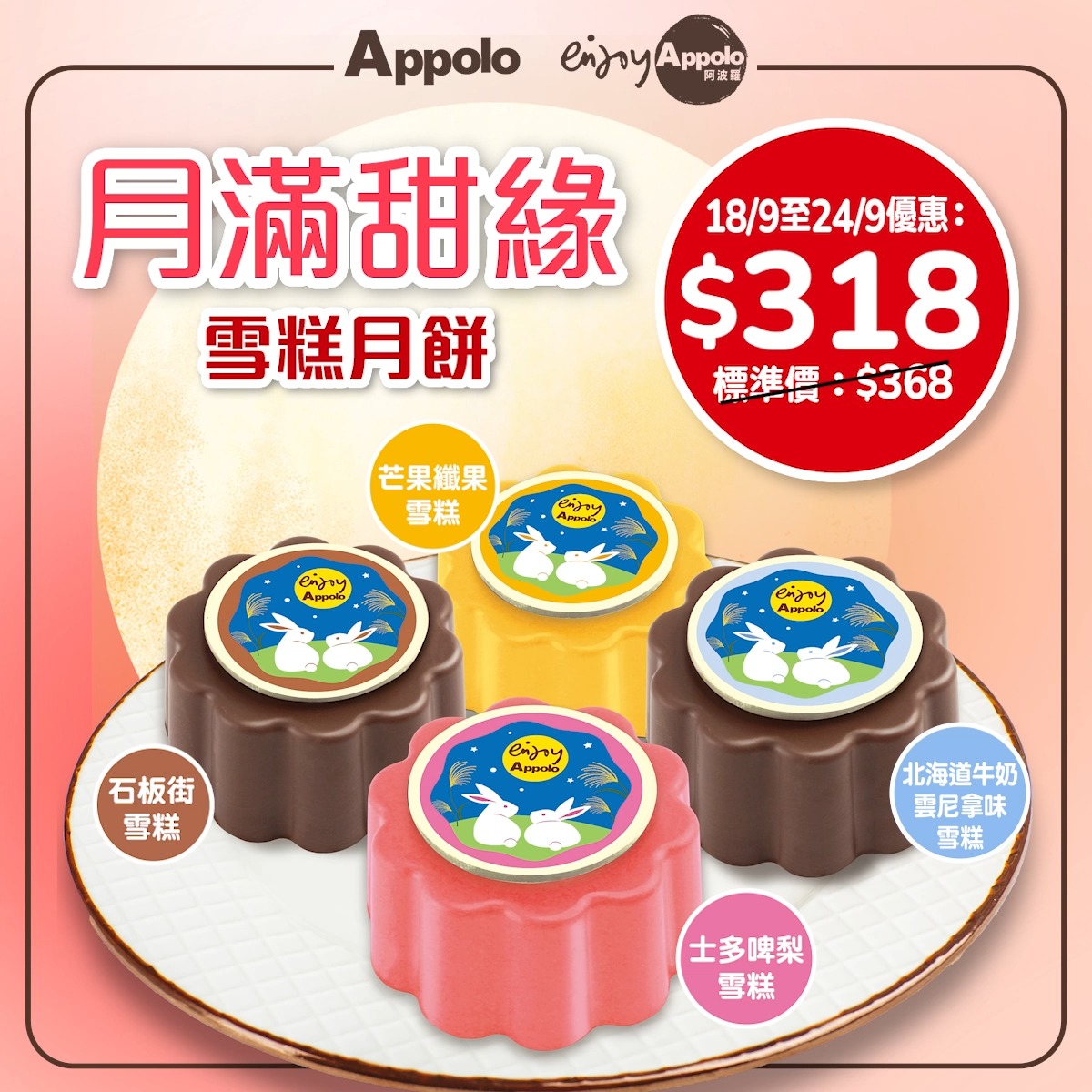 Ice cream mooncake box with 4 flavors at HK$318 (was HK$368) plus free gifts: yogurt voucher, ice cream cake coupon, and ice bag.