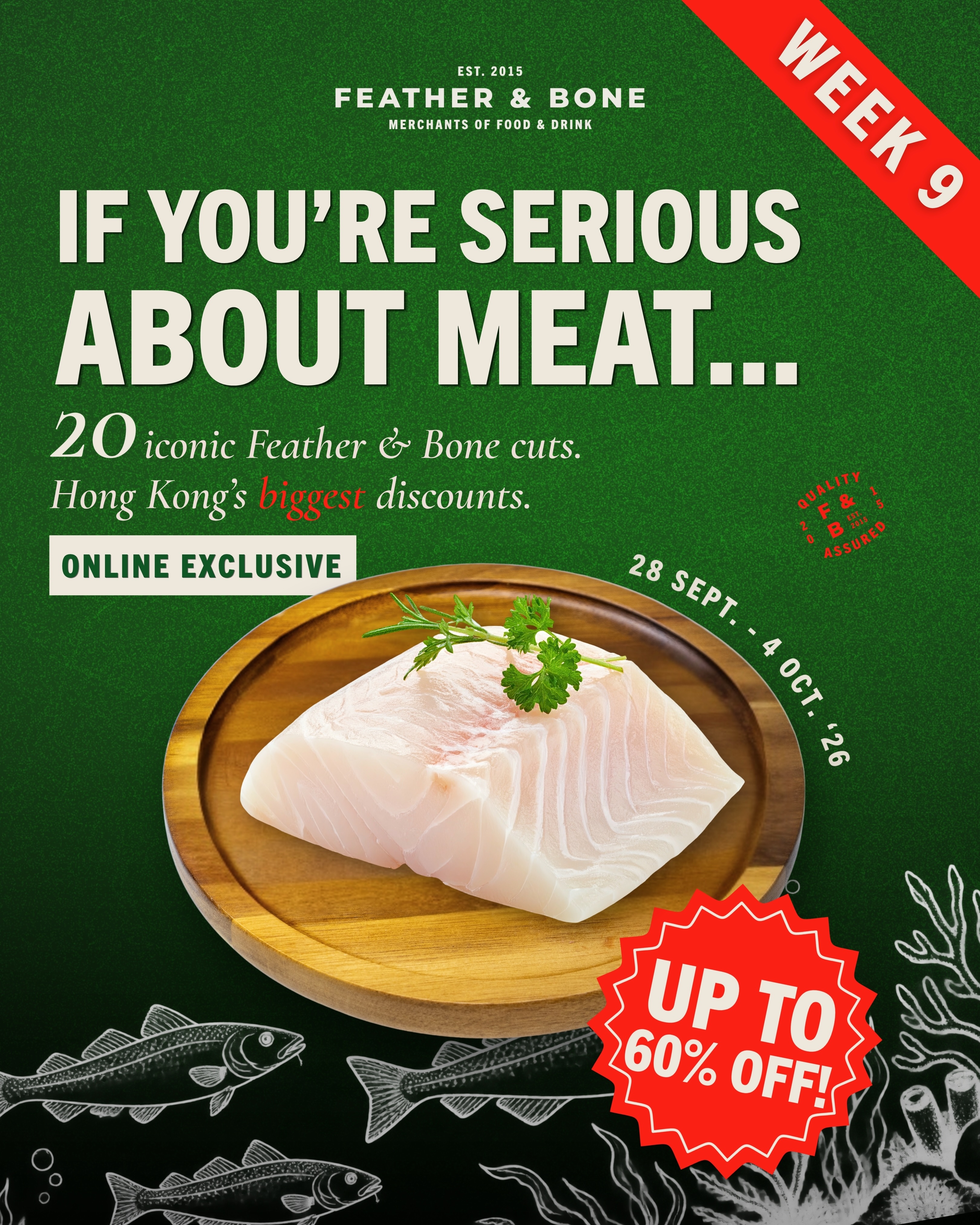 60% off premium seafood and grass-fed beef products this week (28 Sep–4 Oct). US Black Cod now $260, Australian Sirloin $420, Ribeye $450 per 6-piece pack.