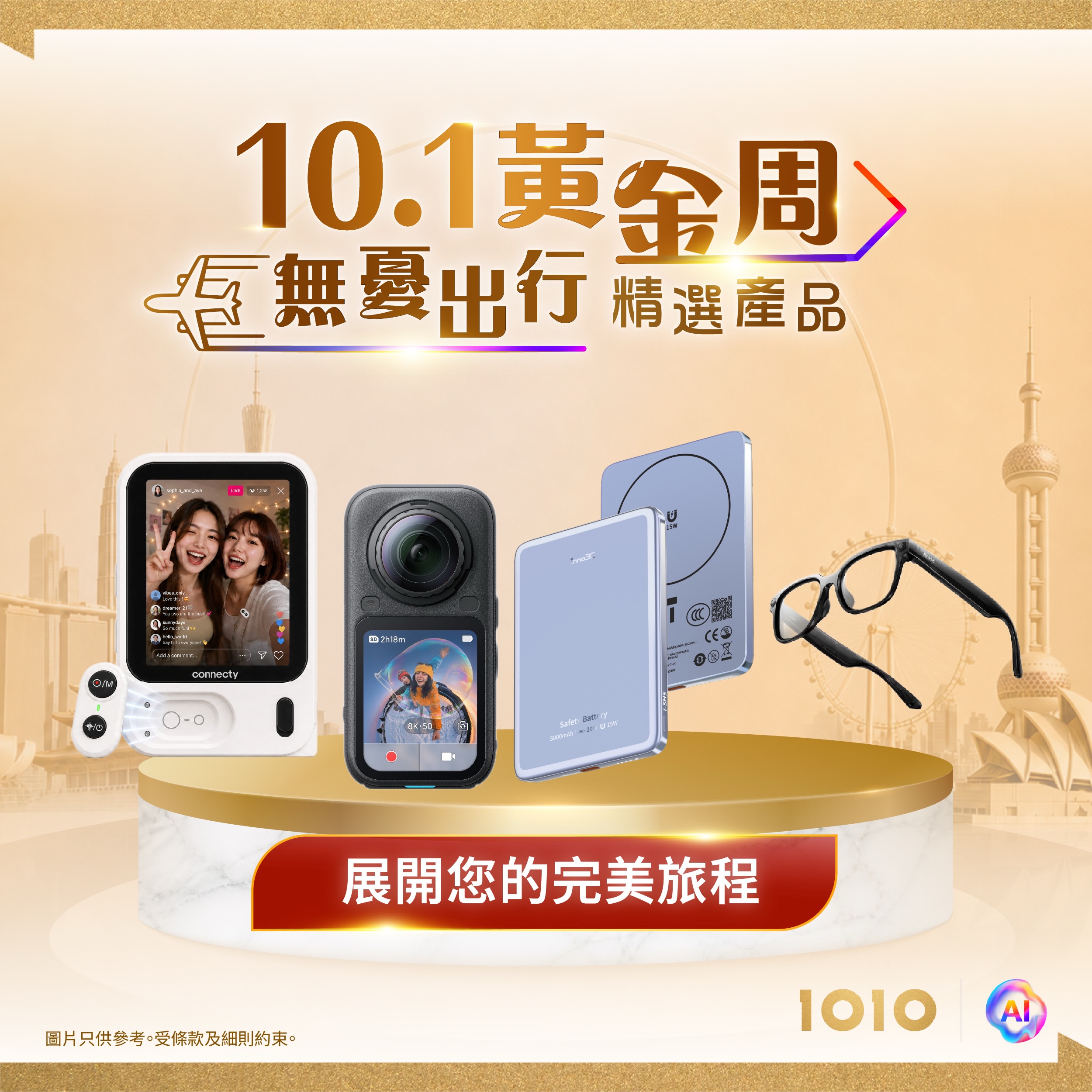 十一黃金周旅遊必備配件優惠，現有客戶可享限定折扣高達HK$500，涵蓋手機監看螢幕、移動電源、充電器、相機及AI眼鏡等產品。