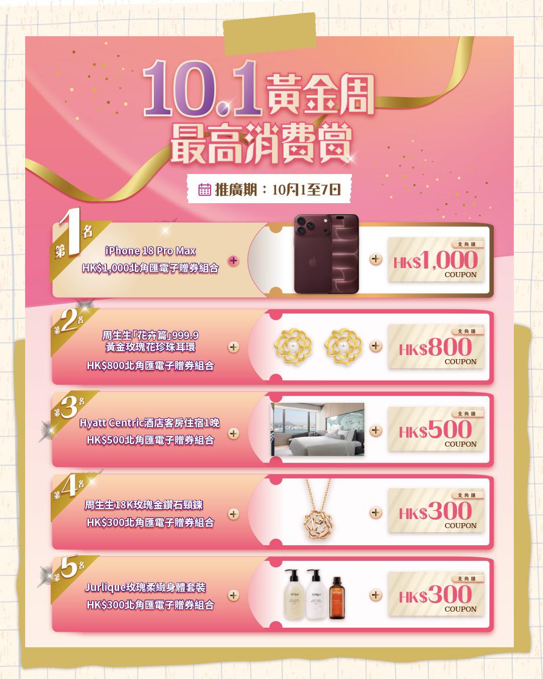 10月1日至11月11日期間消費滿HK$4,000至HK$30,000可換領HK$120至HK$1,800電子券。於指定餐飲及玩樂商戶儲印花可換領高達HK$530電子券組合。