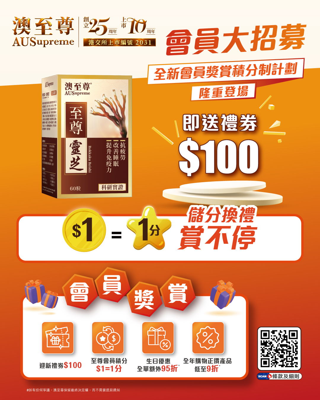 New membership rewards program: join & get HK$100 voucher, earn 1 point per HK$1 spent, birthday 5% off, year-round member pricing from 10% off.