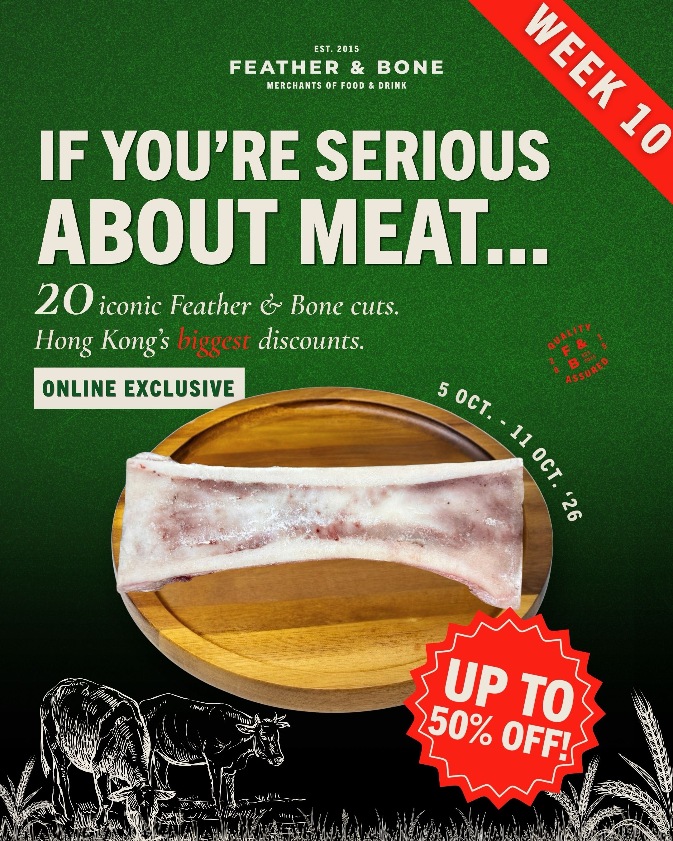 Up to 60% off premium meats including Hanwoo Wagyu bone marrow, grain-fed Picanha, and Australian pork chops (5–11 October).