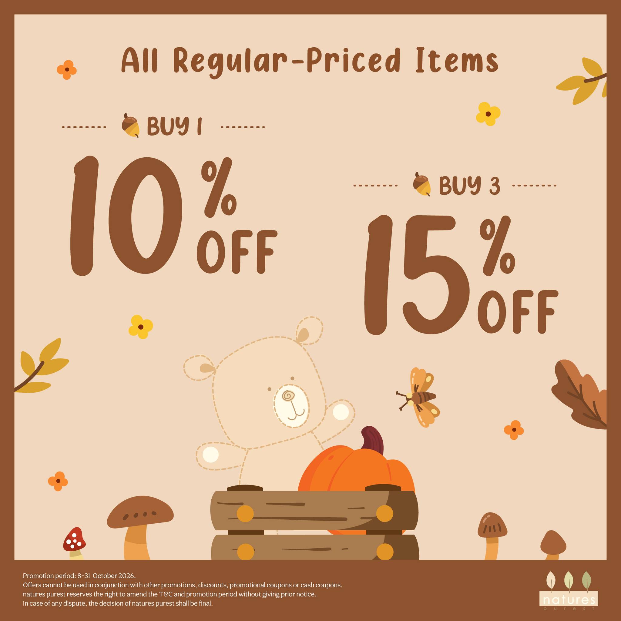 nature's purest — October sale: regular items 10% off (1 pc) or 15% off (3 pcs), selected items 20% off, HugMe bedding set HK$2,290, free baby toy w/ HK$1,500 spend.