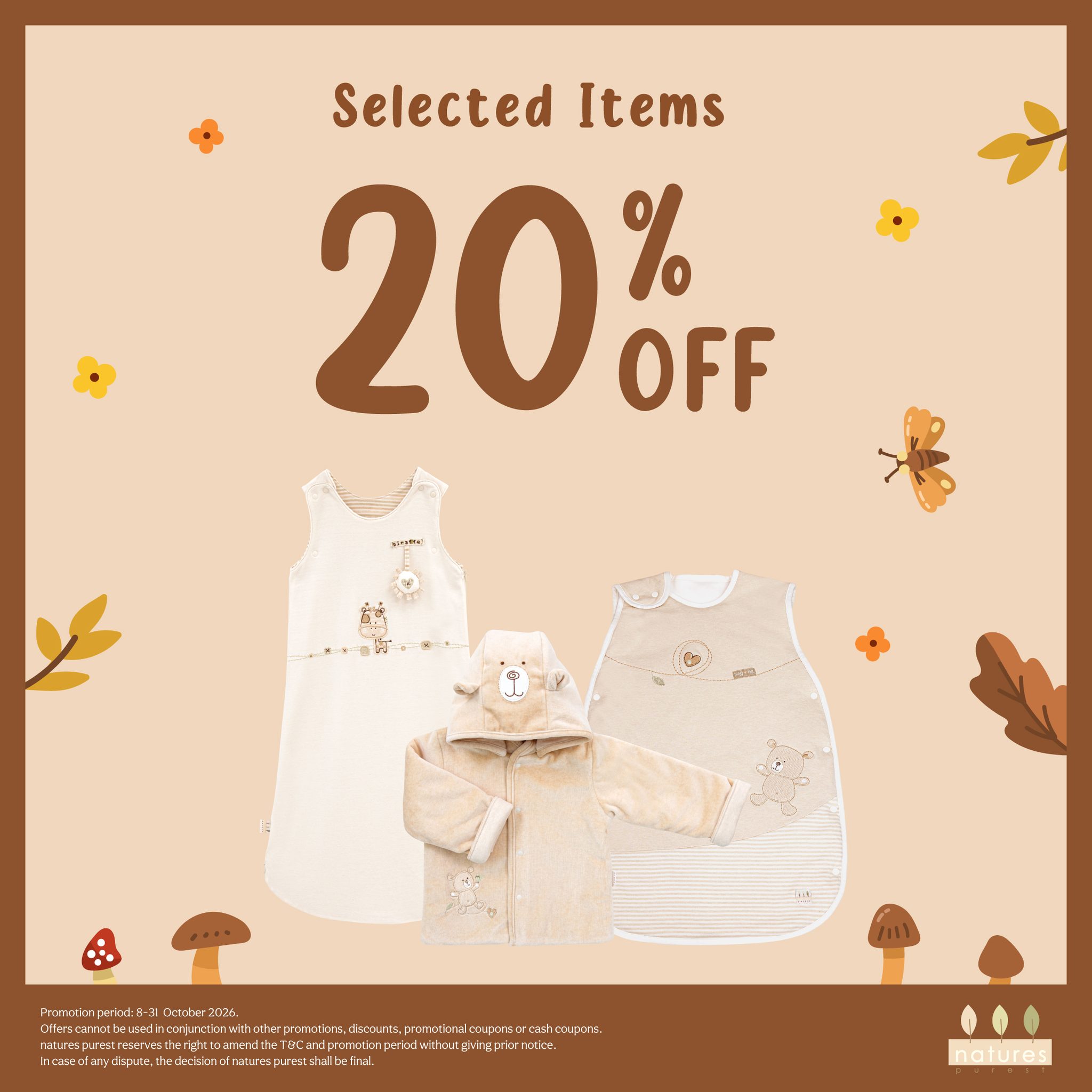 nature's purest — October sale: regular items 10% off (1 pc) or 15% off (3 pcs), selected items 20% off, HugMe bedding set HK$2,290, free baby toy w/ HK$1,500 spend.