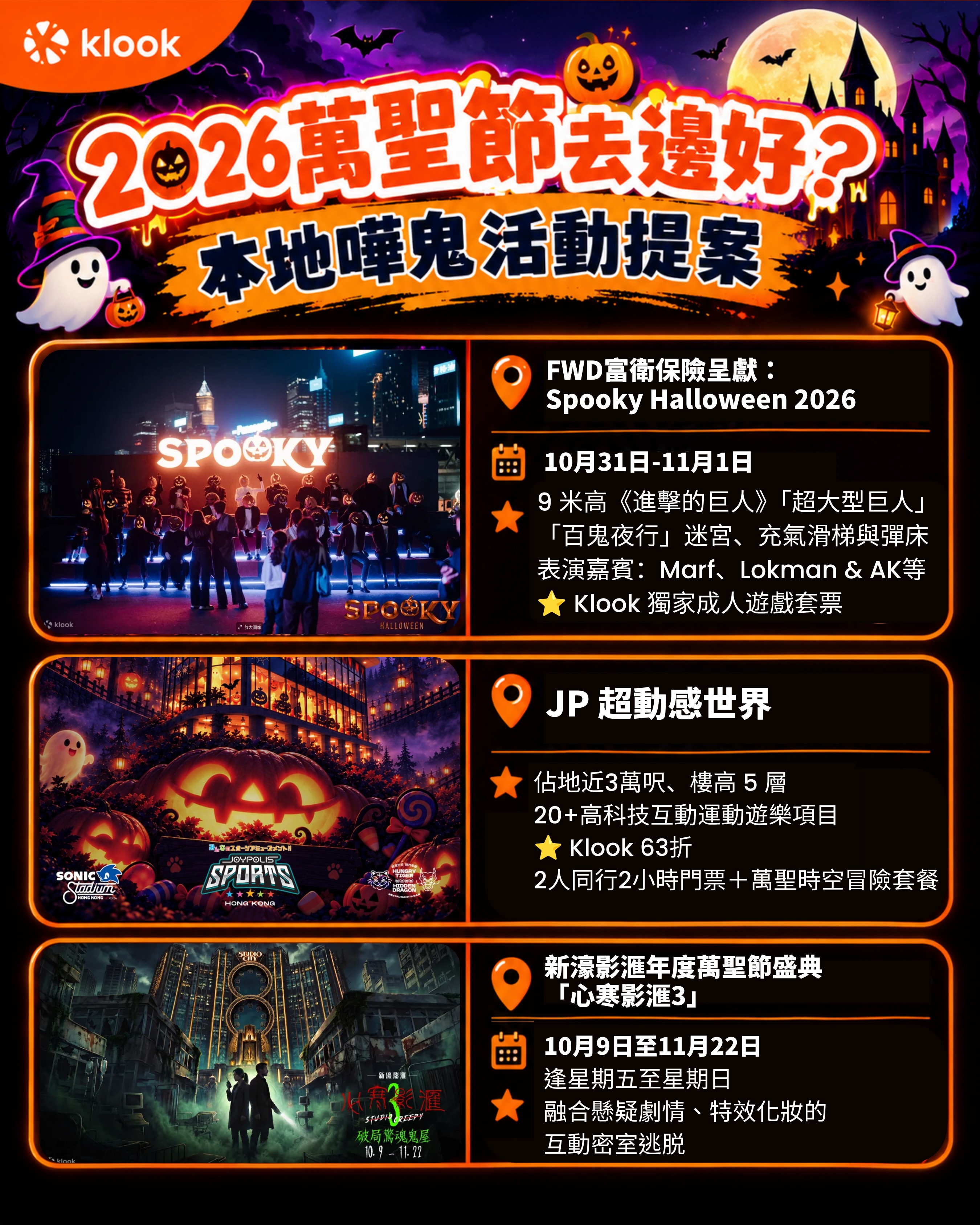 Klook — Halloween bundles & packages at attractions: Ocean Park tickets with 3 experiences, Disney dining pass, JOYPOLIS 2-person 37% off, OPM beer festival package, hotel Disco Night 14% off.