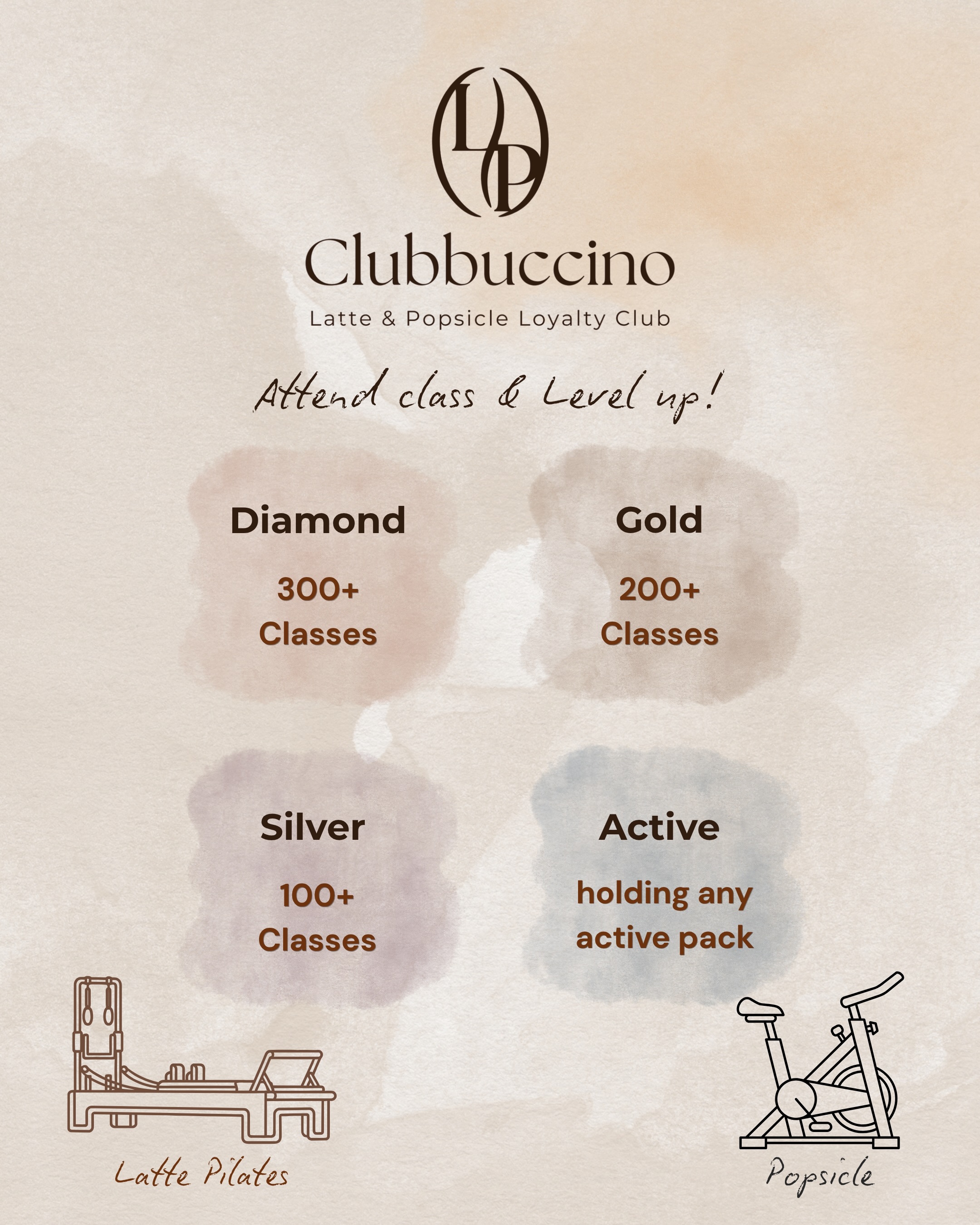 latte pilates — Join Clubbuccino loyalty club with tiered membership benefits and exclusive member-only discounts unlocked by class attendance.