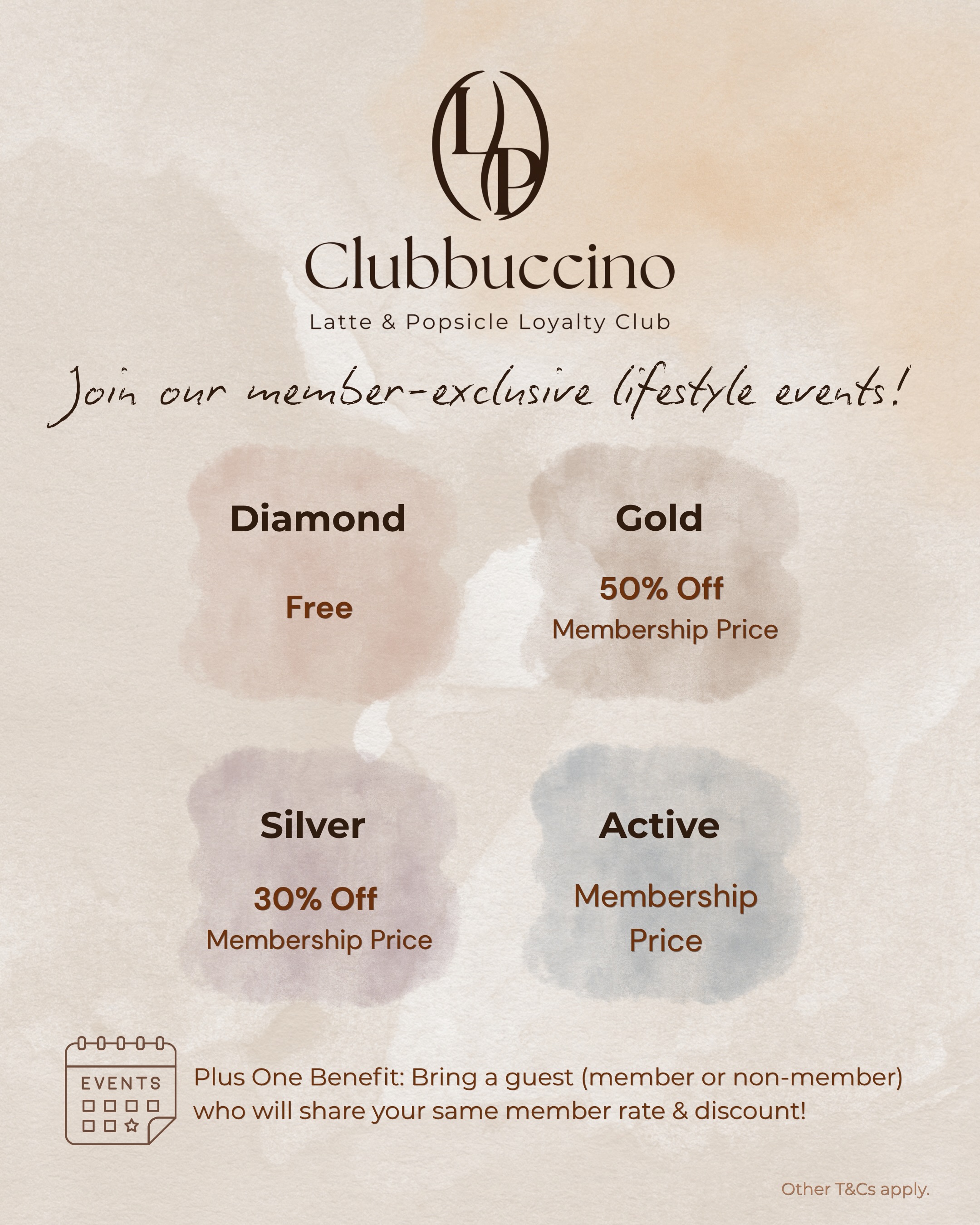 latte pilates — Join Clubbuccino loyalty club with tiered membership benefits and exclusive member-only discounts unlocked by class attendance.