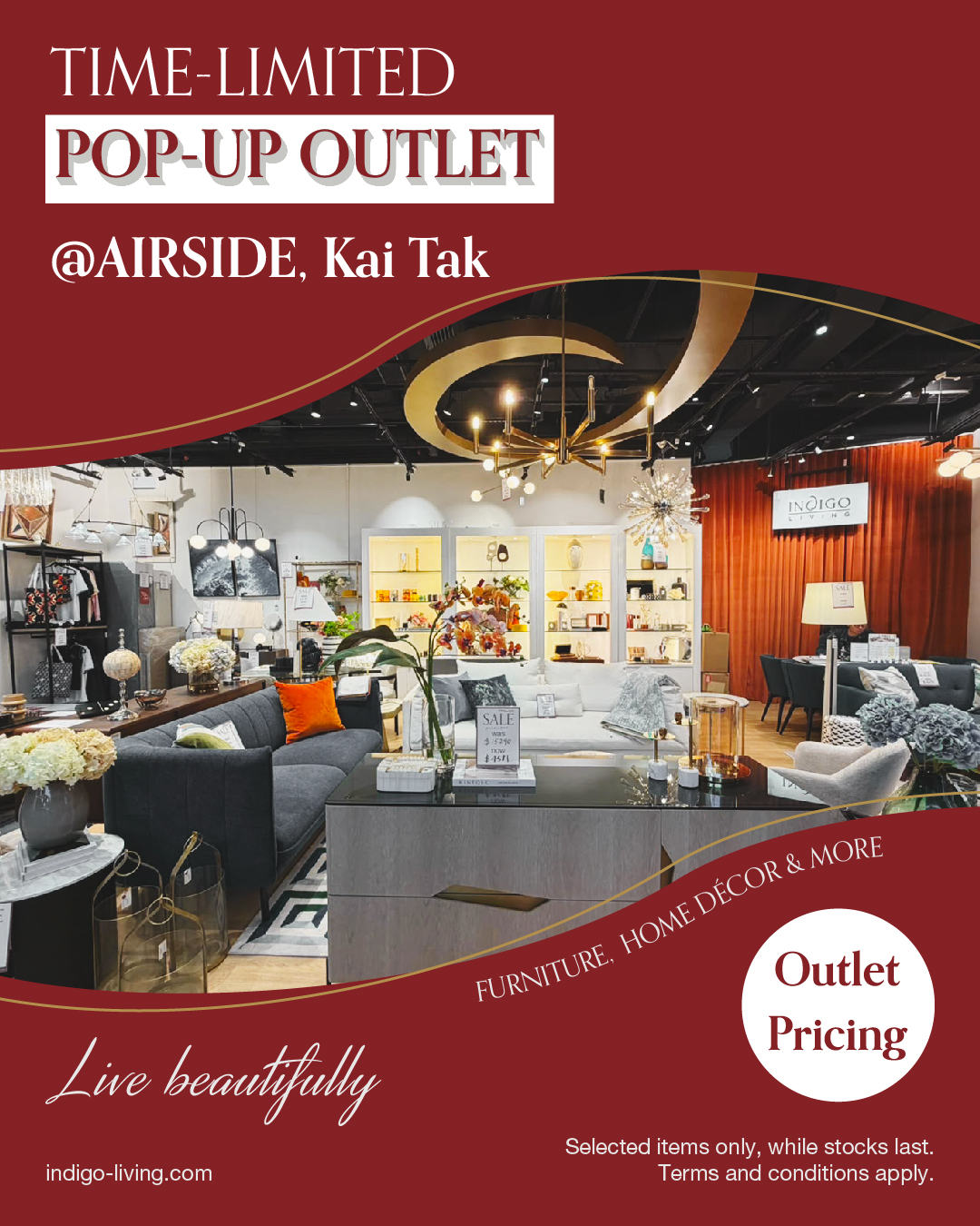 Limited-time pop-up outlet offering premium furniture and home décor at exclusive outlet pricing on selected items while stocks last.