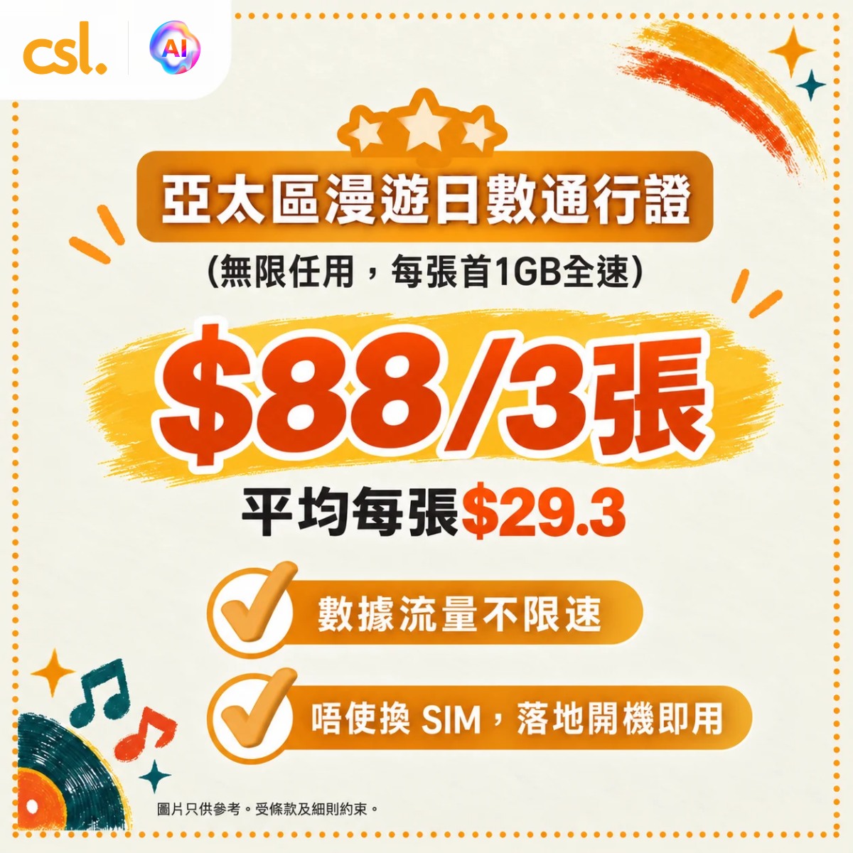亞太區漫遊日數通行證組合（3張）HK$88，平均每張HK$29.3。流量無限任用，由啟動起計24小時。csl客戶自動升級「黃金漫遊」服務，享優先頻譜分配。